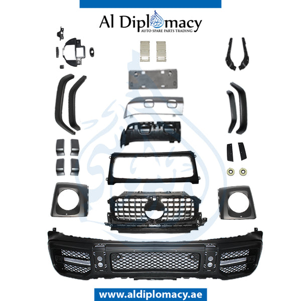 Front W463 BODYKIT UPGRADE FROM G500 TO G63 2019. Bumper, HEADLIGHT Frame, Grille, AND WHEEL ARCH SET for Mercedes-Benz G Class W463 (1992-2022) models, Part Number T-W463-G63 BODYKIT FROM G500 2019